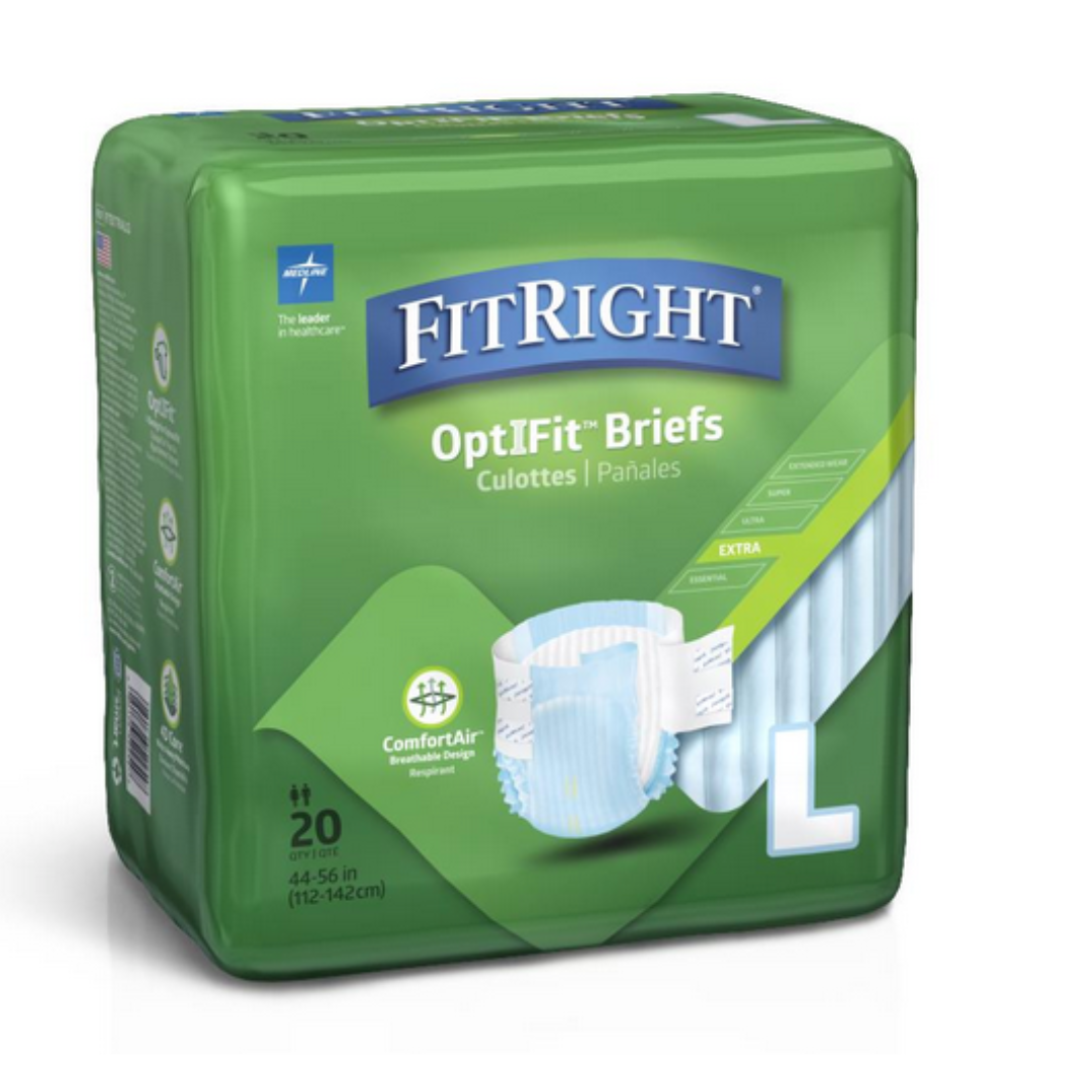 The FitRight Unisex Extra Incontinence Briefs, size L and green-packaged, include 20 pieces. With ComfortAir technology and skin protection, they ensure comfort. The package displays a brief, features bilingual text (English/Spanish), and has a wetness indicator for assurance.
